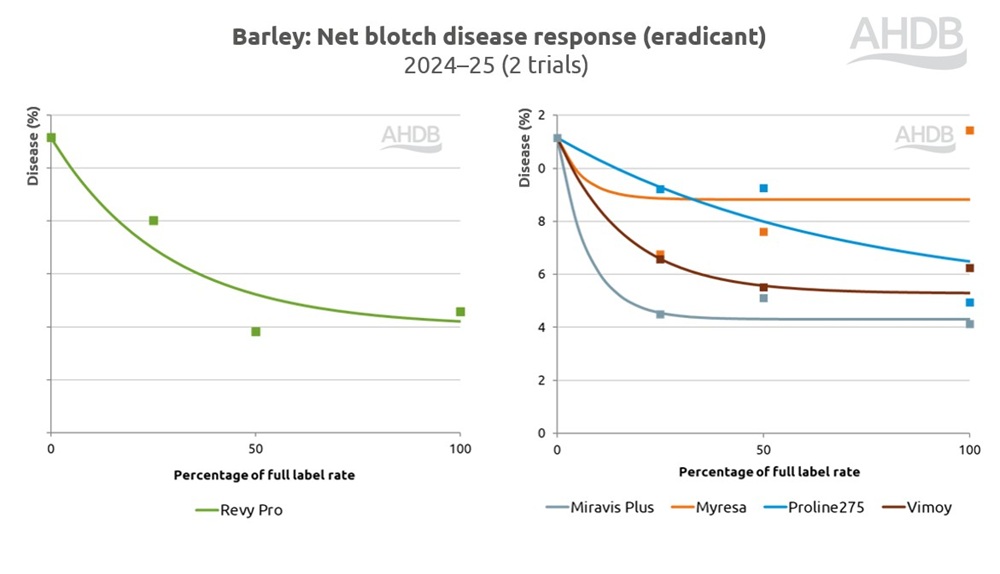 Barley net blotch disease response to fungicides chart (eradicant) 2024–25.